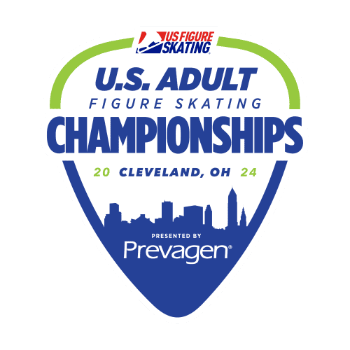 2024 U.S. Adult Figure Skating Championships logo. The logo is green and blue in the shape of a guitar pick and features the Cleveland skyline